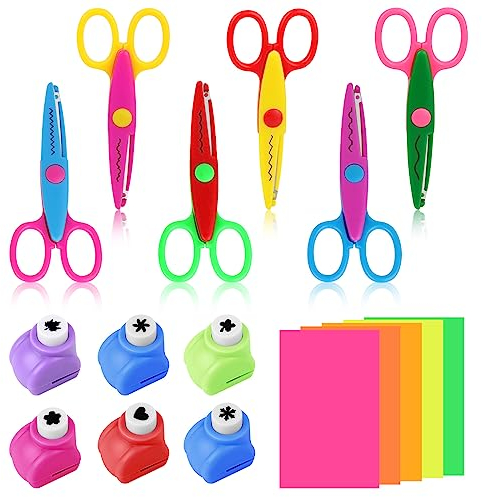 MXTIMWAN Kinder Bastelscheren Set, 6 Stück Kinder Zickzackschere, 6 Stück Papierstanzer, 5 Stück Papierschnitt, Bunte Kinderschere für Kinders Handwerk Design, Clipbook, DIY