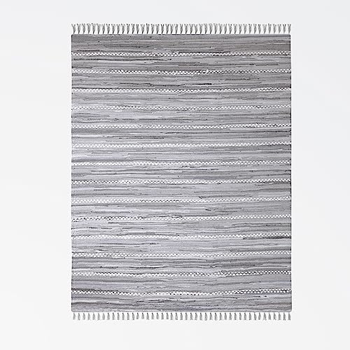 MY-RUG Handgewebter Chindi Fleckerlteppich 80x150 cm aus Baumwolle | Wendeteppich | handgemachter Flickenteppich | flach gewebter Küchenteppich | Teppich aus Naturfaser | Nandini Grau