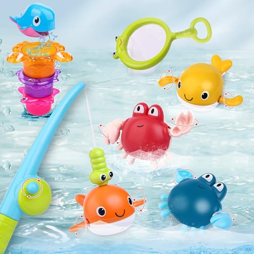 Jouets de Bain pour Les Tout-Petits, 10 Pièces de Jeu de Pêche Magnétique, Jouets de Baignoire avec Jouets de Natation Flottants et Sans Moisissure et Gobelets Empilables pour Tout-Petits et Les Bébés