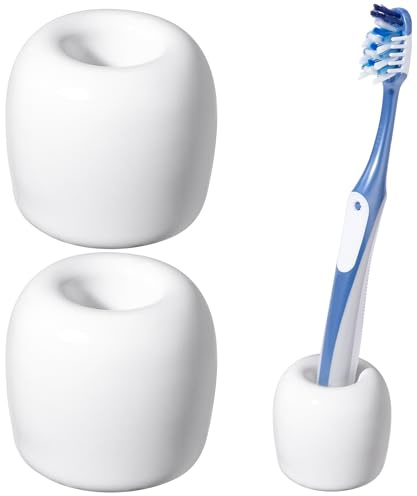 Urbanstrive Ceramic Toothbrush Holders for Bathrooms, Sleek Tooth Brush Holder Toothbrush Stand Tooth Brushing Holder, Portable Bathroom Accessories Organizer, White, 2 Pack