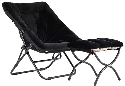 YOTATING Saucer Chair with Ottoman, Comfy Faux Fur Oversized Folding Soft Furry Lounge Lazy Chair Metal Frame Moon Accent Chair for Bedroom, Living Room, Dorm Rooms, Black