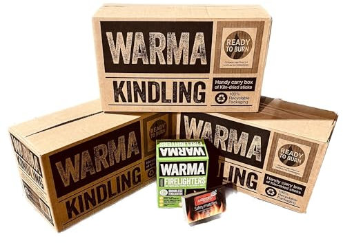 3 Large Boxes Warma Kiln Dried Kindling & 1 Box Warma Eco Wood Wool Firelighters with 1 Pack of Matches Firestarter Bundle - Suitable for Lighting BBQ Barbecue Fire Pit Stoves & Open Fires