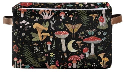 Mushroom Gothic Witch Storage Basket Bin for Shelves Closet Fern Leaves Foldable Fabric Storage Box Cube with Handles Kids Gifts Toy Clothes Shelf Basket Organizer for Bedroom Nursery Home Decorative