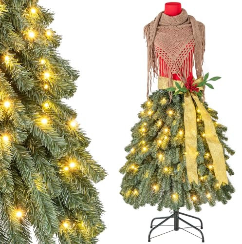 COSTWAY Albero di Natale Artificiale 150 cm con Manichino Pre-Illuminato, Albero di Natale a Forma di Abito con 248 Punte di Rami, 100 Luci a LED Bianche Calde, Sciarpa Rimovibile