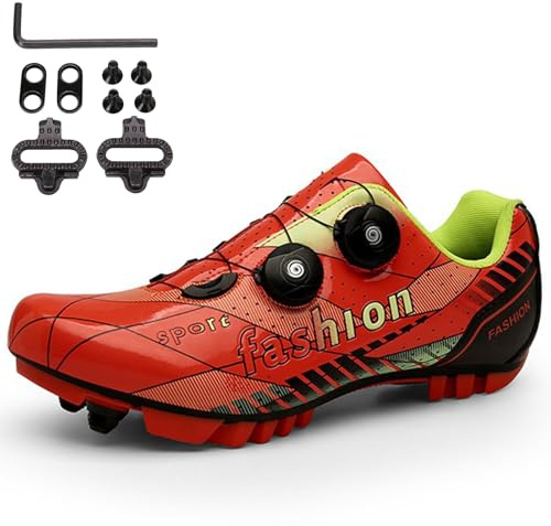 SDEQA Fahrradschuhe MTB Herren, Radsportschuhe Mountainbike Schuhe Sneaker Atmungsaktive kompatibel mit SPD 2 Schrauben mit Cleats Outdoor-Radschuhe,Rot,43 EU