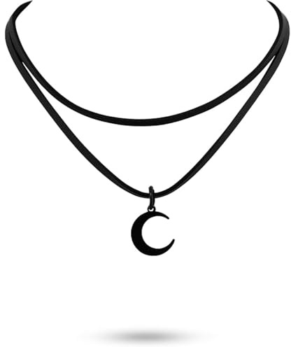 Moguri Svart dubbelkedja, månkedja för kvinnor, gotisk choker, boho-halsband, Y2K-tillbehör, vintage smycken, halloween grunge-krage, viktoriansk medeltida design, häxig look