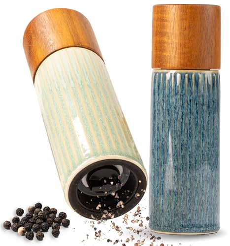 Moritz & Moritz PEPE Gewürzmühle 2er Set blau/grün - Salz und Pfeffermühle aus Steinzeug & Akazienholz mit Keramikmahlwerk, einstellbarem Mahlgrad und innovativem Click-System - Salzmühle & Chilimühle
