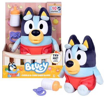 BLUEY Bebé mimos y cuidados, cuida, alimenta y Calma Bebé, Peluche electrónico de 28 cm con 10 Sonidos de bebé Diferentes, 2 Accesorios y pañal extraíble