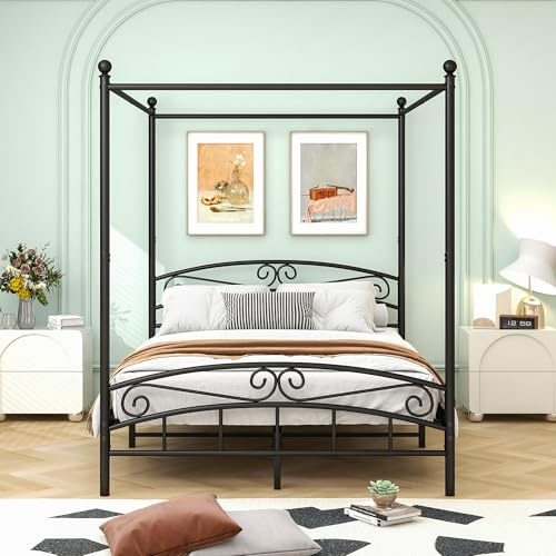 MaiDeHaoo Queen Size Metal Canopy Bed Frame, Four Posters Platform Bed Frame with Headboard, Footboard and Sturdy Slatted Structure, Noise Free, No Box Spring Needed, Black