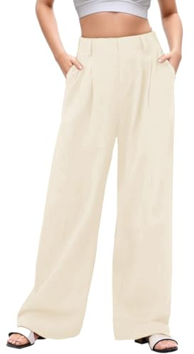 Neteson Pantalon Fluide Femme Eté Taille Haute Léger Pantalon à Jambe Large Chic et Elegant Elastique Ample Décontractée Travail Droit Pants Longueur avec Poches