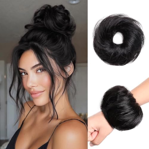 PORSMEER Human Hair Bun Hair Piece, 100% Real Hair Chignons Scrunchies Straight Elastic Donut Accessories Scrunchies Messy Bun for Women Girls,Black,30g