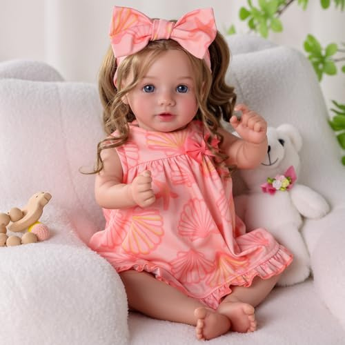 BABESIDE Bambole Reborn Realistica – Bambole Reborn Femmina di 20 pollici con Capelli Ricci Castano Chiaro, Corpo Morbido in Stoffa, Bambola Neonata con Vestitino & Accessori per Bambini 3+