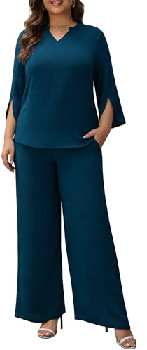 Auciccoo Pants Suits for Women Dressy Plus Size 2 Piece Sets 3/4 Sleeve Blouse Wide Leg Pants for Business Casual Work & Daily Wear