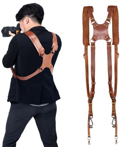 Frdhee Harnais de transport Photographe, Sangle d'appareil Photo pour Deux caméras, Harnais Universel DSLR/SLR en Cuir Marron Classique