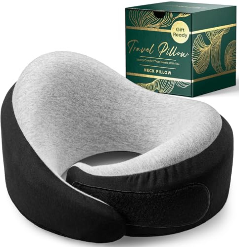 Proglobe Luxe Memory Foam Travel Neck Pillow for Airplanes, Ergonomic 360° Support with Soft Chin Support, Organic Cotton Cover, Compact Compression Bag, Charcoal Black