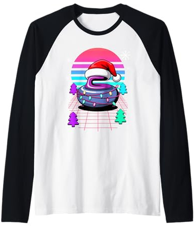 Navidad Synthwave Piedra De Curling Curler Camiseta Manga Raglan