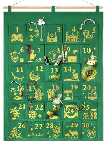 DPKOW Dorada Vacio Ramadán Calendario para Rellenar, Tela Ramadán Calendario de Adviento Vacio DIY Rellenable, Original Purpurina Patrón Oro Verde, Grande Bolsa