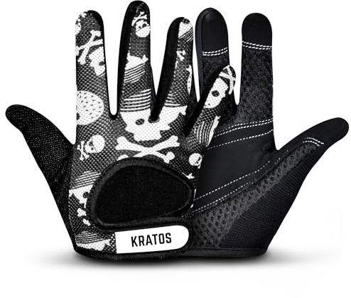Kratos Skull Anti Slip Kids Bike Gloves For Kids Boys & Girls Best Toddler Bike Gloves Ages 4-6 (Medium) Full Finger Cycling Gloves For Youth Sports Like Mtb, Bmx Dirt Biking, Mountain Bike Riding