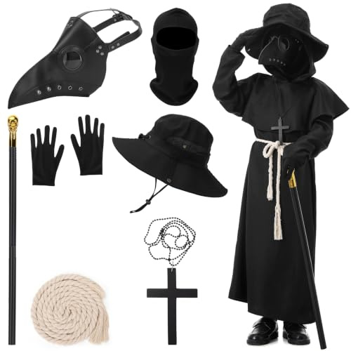 IEEILULU Pestläkarkostym barn, plaguedoktorkostym för pojke, medeltida pestläkarset med pestläkarmask, zepter, hatt, halloween, maskeradkostym för karneval karneval