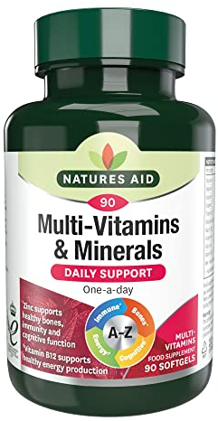 Natures Aid Multivitamins & Minerals with Iron – High Strength One-a-Day Multi-vitamin Formula – Supports Energy, Immunity & Bone Health – Non-GMO, Gluten-Free – 90 Easy-Swallow Softgel Capsules