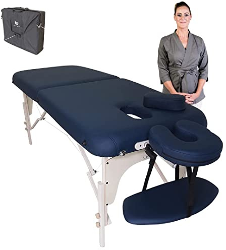 BodyPro Deluxe Lightweight Portable Massage Table Bed Couch- 28 Width - 9cm High Density Foam- Breathe Hole + Face Rest Cradle + Reiki Panels + Carry Case + Arm Rest + Accessories Shelf (Navy)