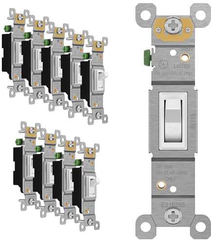 ENERLITES Toggle Light Switch, Single Pole, 15A 120-277V, Grounding Screw, Residential Grade, UL Listed, 88115-W-10PCS, White (10 Pack), 10 Count