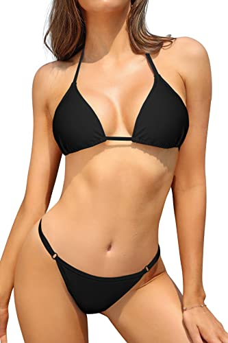 SHEKINI Damen Bikini Set Klassischer Triangel Rückenfrei Bikinioberteil Verstellbare Bademode Brasilianer Niedrige Taille Tanga Bikinihose Zweiteiliger Badeanzug(M,Schwarz)