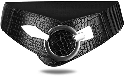 with love, Vanessa & Melissa Elastischer Damen Taillengürtel, ca. 6 cm breiter Hüftgürtel mit silberner Ring-Schließe, Stretchgürtel (80 cm (für Taillenweite 85-105 cm), Kroko Schwarz)