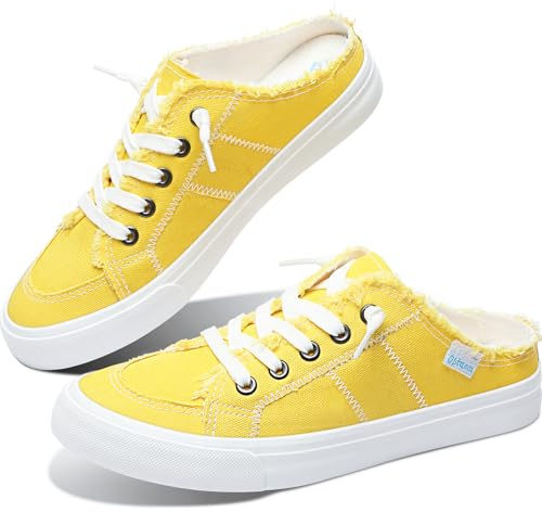 Obtaom Women Canvas Mules Memory Foam Clipper Fashion Sneakers Comfortable Slip-On Mule Backless Holiday Shoes（Lemon Yellow，US6）