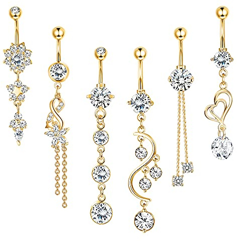 Kakonia 6Pcs Belly Button Bar for Women 14G Dangle Belly Bar 316L Surgical Steel CZ Navel Barbell Body Piercing Jewelry 10mm