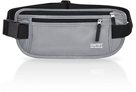 RFID-blockierender Geldgürtel für Männer und Frauen, schlanke Bauchtasche für Reisen, Laufen, verdeckte Taille für Reisepasshalter, Handy, schwarz hellgrau, RFID-blockiert und Gürtelbreite: 3.7 cm