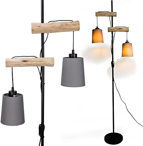 Osasy Lampadaire sur pied en bois,corde et métal noir,Lampe de Salon avec Interrupteur, 2* E27 Douille(max. 60 Watt (Gris)