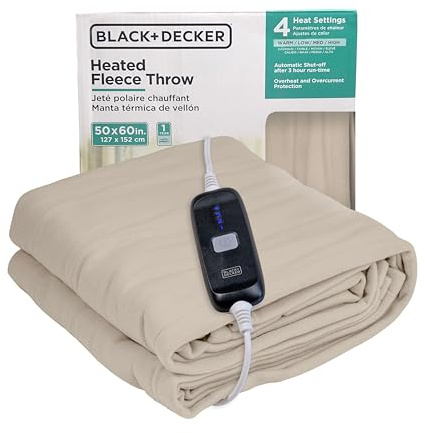 BLACK+DECKER Heated Blanket Electric Throw, Fleece Electric Blanket, Heating Blanket with 4 Heating Levels, 3H Timer, Auto Shutoff, Fast Heating (50x60 inches, Cream)