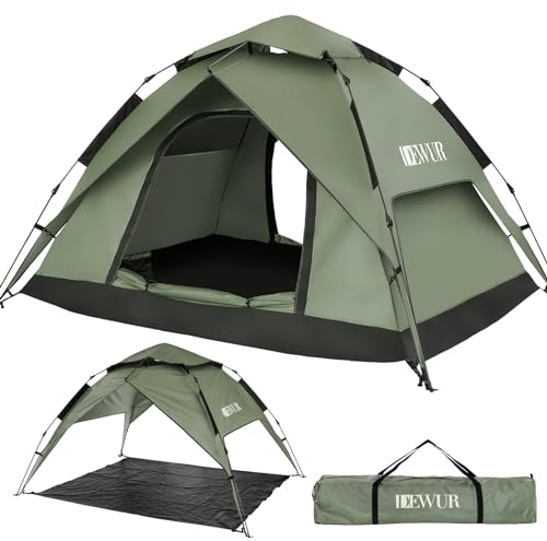 DEWUR Campingzelt 3-4 Personen Wasserdicht Pop Up Kuppelzelt Familie Zelt Strandzelt Pavillonzelt Schattenzelt Sonnen UV-Schutz für Trekking, Camping, Outdoor, Festival (Grün/2-3 Personen)