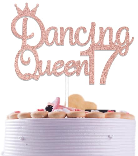 Dancing Queen 17 Cake Topper Young & Sweet Only 17 Decoration Girls 17th Birthday Cake Decorations Cheer 17 Years Old Party Supplies Rose Gold Glitter