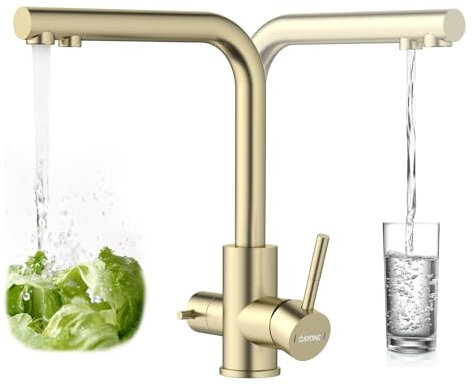 DAYONE Brushed Gold 3 Way Water Filter Tap, Triflow Drinking Water Tap, SUS304 Stainless Steel 360 Swivel Sink Mixer Tap, Dual Lever 3 in 1 Kitchen Sink Mixer, UK G1/2'' Kitchen Faucet