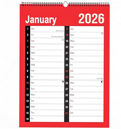 2026 Wall Calendar A4 Large 2 Column Month To View Spiral Bound Wall Planner with UK Holidays Marked - 2026–2027 Overview, Notes Section - Monthly Organiser for Home Office Business School