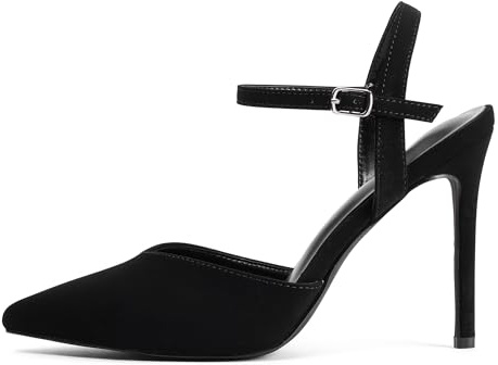GENSHUO Eleganti Scarpe con Tacco Alto a Punta e Stiletto 10cm, Scarpe da Donna Sexy con Cinturino alla Caviglia per la Sera, Nabuk Nero, 38 EU