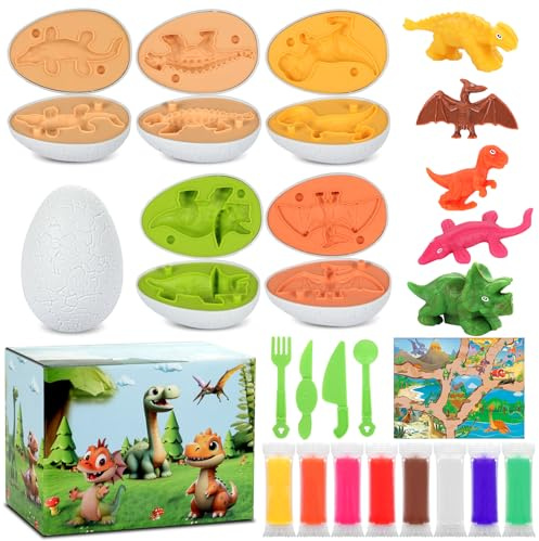 KOMABLEN 18 Piezas Juego de Plastilina Niños, Dinosaurios Juguetes Set Plastelina con 5 Moldes Plastilina, DIY Dinosaurios Juguetes Herramientas plastilina Cumpleaño Regalos 3 4 5 6 Años