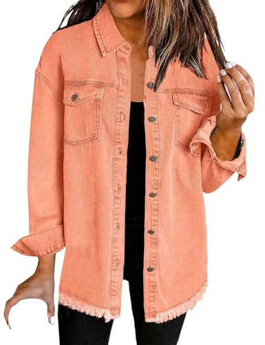 FJKVAVF tvättad denimskjorta jacka mode casual hem kvinnor jacka damer kvällsmode blus lång damtröja långärmad tröja 3-pack damer lång skjorta brun damer ljusblå skjorta damer, apelsin, XXL