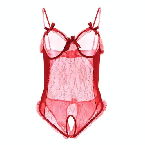 HRUIKI Babydoll Mujer Lencería Sexy Camisón Pijama Body Erótico Encaje Ropa Interior Exótica Mono Babydoll Abierto Conjuntos Íntimos Perspectiva Pijama Ropa de Dormir, rojo, S