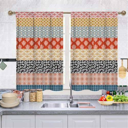 Highdi 2 Piezas Cortinas Cortas Cocina con Bolsillo Media Cortina Pequeña Ventana Dormitorio Translucidas Rustica Bistro para Dormitorio Café Baño (Estilo étnico,70 * 100cm)