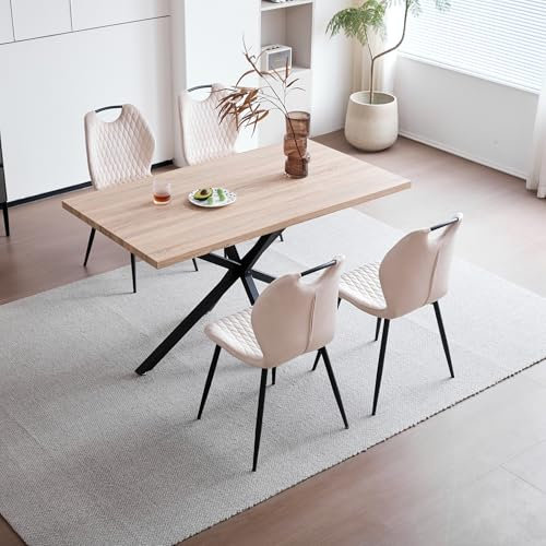 JZGORC Esstisch mit 4 Stühlen Esszimmer-Set,140 * 78 * 77 cm Rechteckiger Esstisch aus Holz,4 Stühle mit hoher Rückenlehne, Schwarze Meta-Beine,Hellbrauner Tisch+Beige Stühle