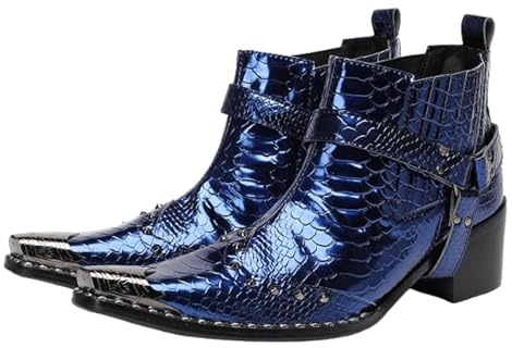 Santimon Men's Designer Leather Chelsea Boots with Metallic Detail - Snakeskin, Abstract Print - Fashionable Ankle Cowboy Boots with Studs and Straps for Casual, Party,Bar & Dressy Blue 11 US