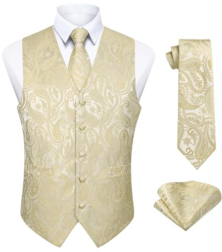 Enlision Gilet da Uomo Elegante Paisley Jacquard Gilet Beige da Abito Cravatta e Fazzoletto Set per Festa Sposa