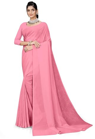 ETHNICMODE Indian Saree For Women Plain Zari Chiffon Light Weight Party Wear Light Pink Sari With Unstitched Blouse Piece-1240