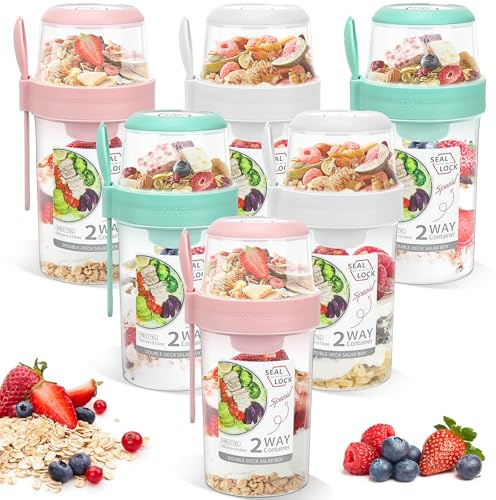 6 Pcs Large Overnight Oats Jars with Lids and Spoons, 1070ml Plastic Double Layer Breakfast Pots Bulk, Reusable Yogurt Cups with Topping Compartment for Fruit Salads Cereal Porridge Milk, 3 Colours