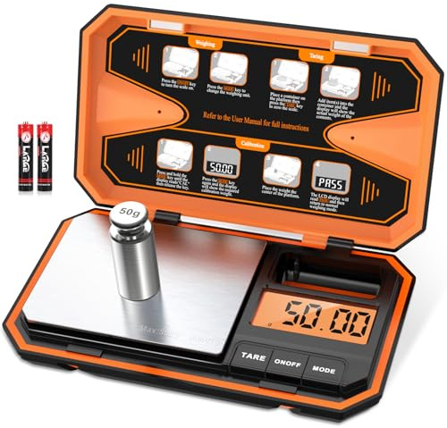 Brifit Báscula fina de 0,01 g, báscula de cocina, 500 g/0,01 g, báscula digital fina con un peso de calibración de acero inoxidable de 50 g, función de tara, conversión de 6 unidades, pantalla LCD