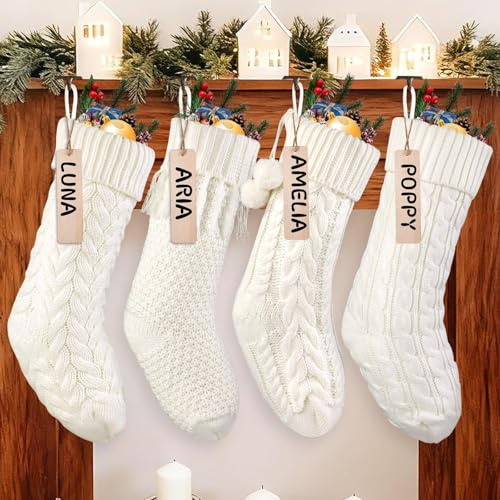 JOLCEEY 4pcs Christmas Stockings, 18 Inch Large Knit Christmas Stockings Personalized Xmas Hanging Stocking Decorations with Name Tags for Christmas Fireplace Tree Decorations
