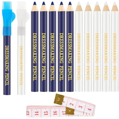 12pcs Sewing Pencil for Fabric, Tailors Chalk Pencil with Tape Measure for Fabric Water Soluble Tracing Tools Dressmakers Embroidery DIY Crafts (Blue & White)